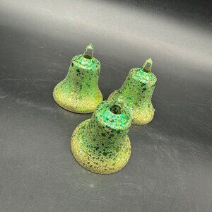 Vintage Christmas Ornaments Plastic Bell Set Of 3 Green Glitter Mid Century